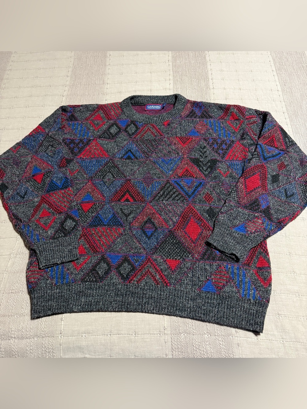 Vintage Carmel Collection Geometric Knit Sweater Crew Neck Gray Men's - M
